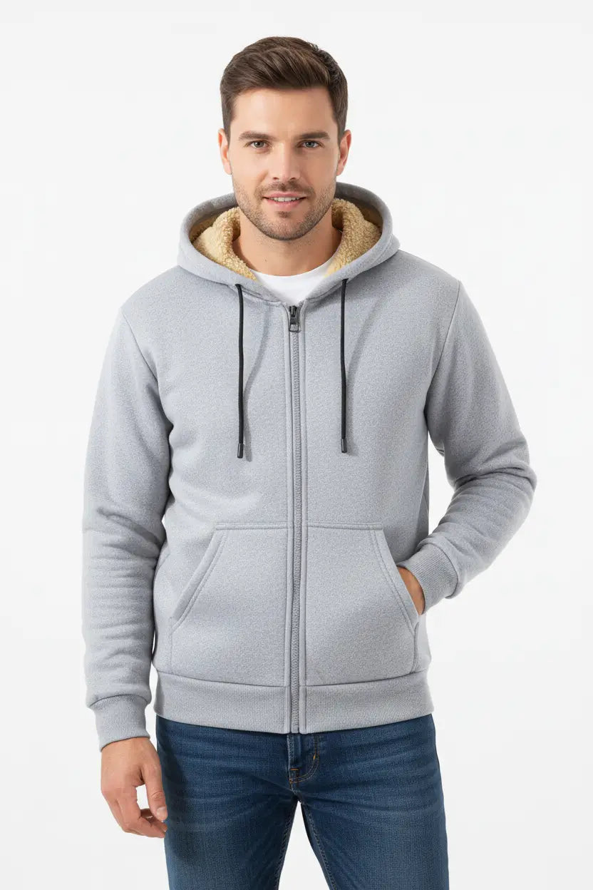 mens plus size sherpa lined zip hoodie side profile highlighting structured silhouette and relaxed drape
