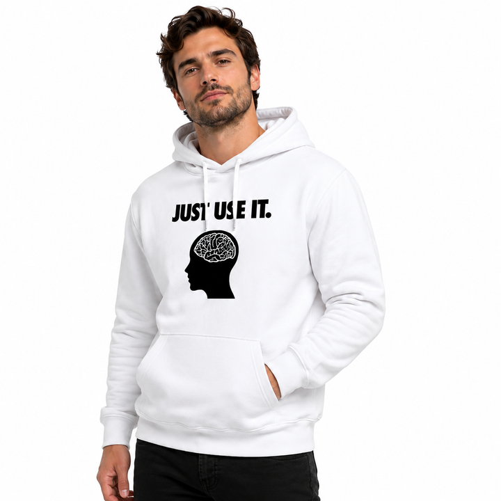 Mens printed hooded sweatshirt in white with relaxed loose fit, regular sleeves, thickened feel and bold mindset graphic look