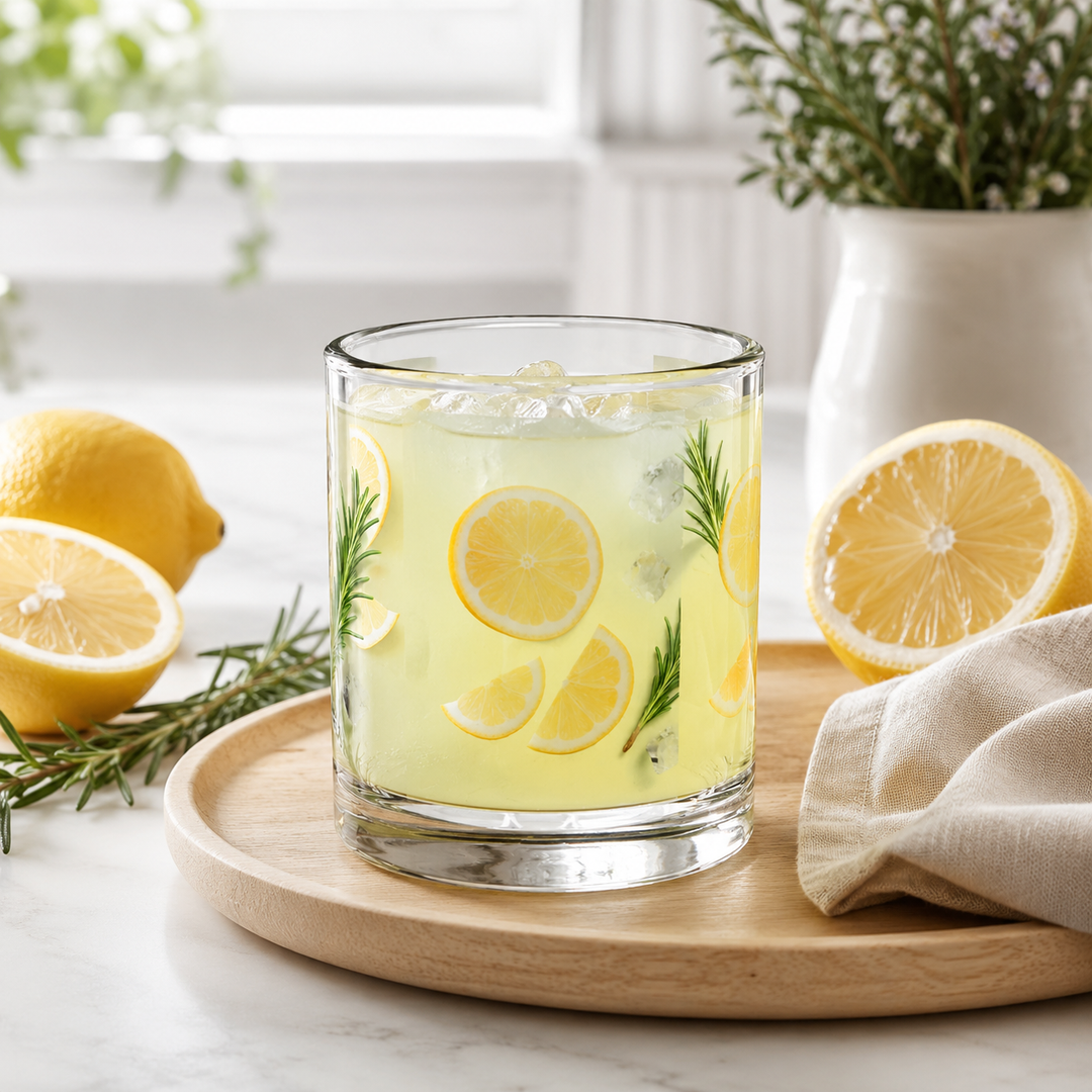 Heat resistant glass mug with clear body, smooth rim, and citrus botanical artwork