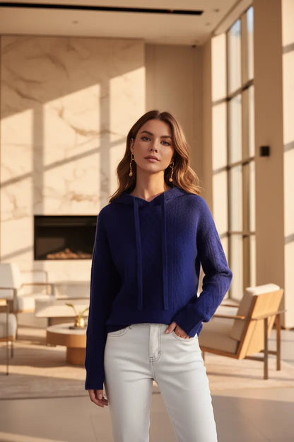 Knitted Jacquard Sweater Women Navy Blue Minimalist Wardrobe Staple
