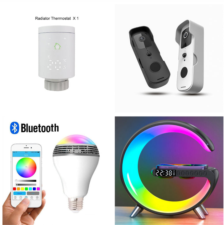 G shaped LED lamp with Bluetooth speaker, 15W wireless charging, digital clock and alarm for bedside or desk use in any room.