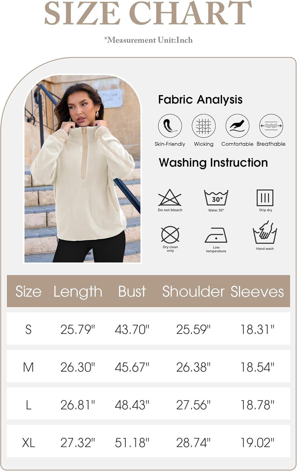 Size chart for a garment with fabric analysis, washing instructions, and measurements.