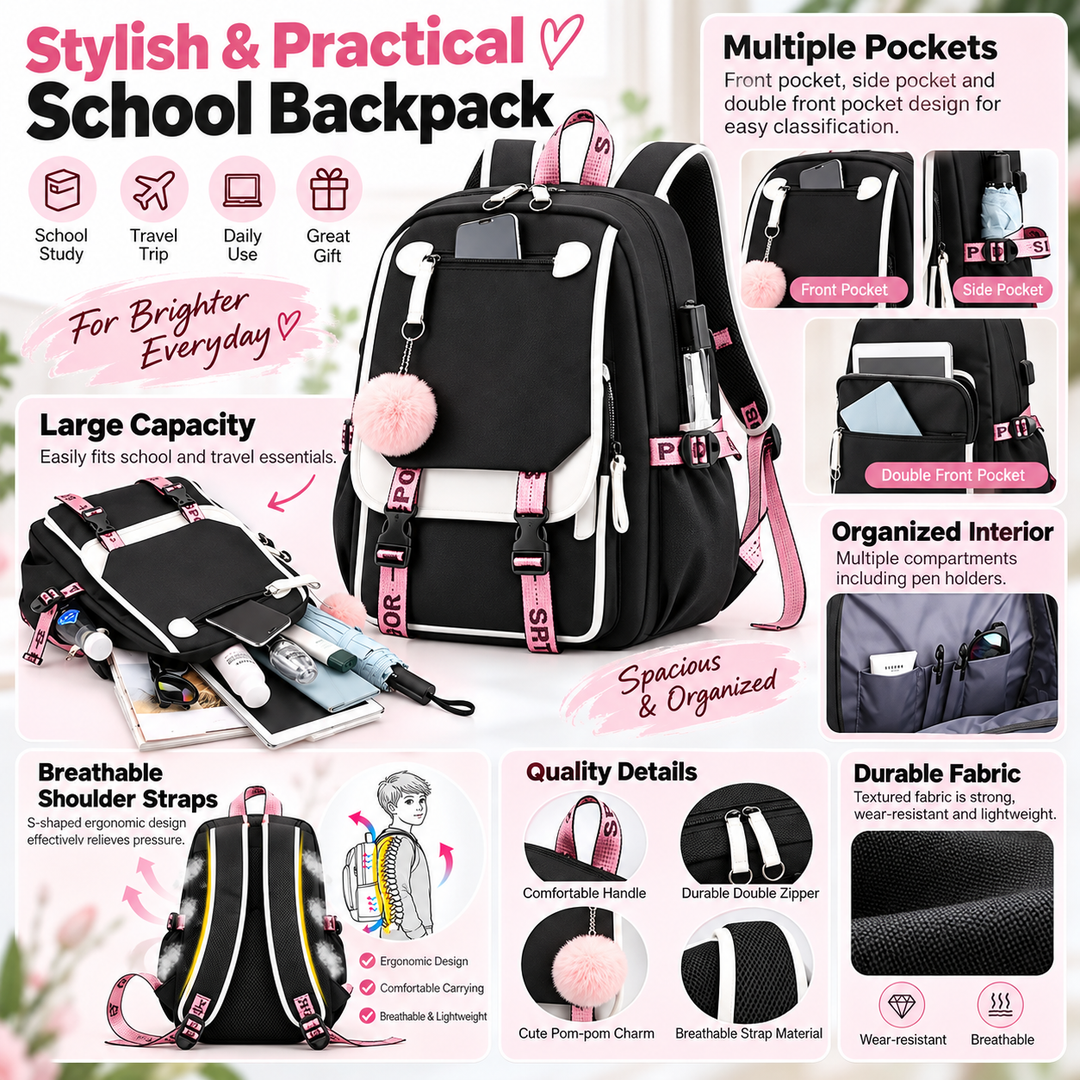 A promotional collage for a black and pink school backpack, showing the backpack from multiple angles with feature callouts such as multiple pockets, large capacity, breathable shoulder straps, and durable fabric. The image includes text blocks, icons, and close-up detail panels on a light background.
