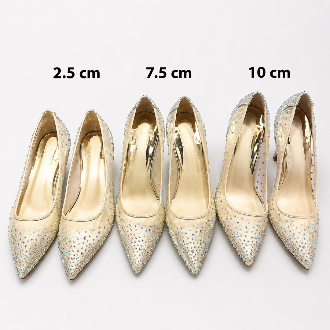 Transparent mesh rhinestone pumps with crystal shine, shallow mouth design and high heel lift for party and cocktail outfits.
