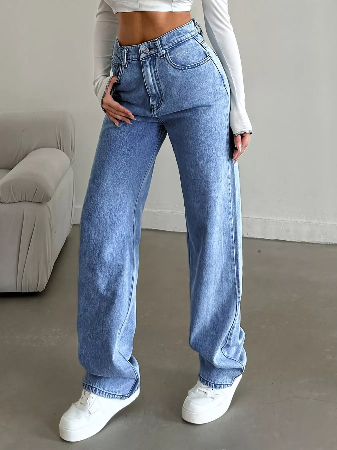 womens wide leg jeans back view with pockets and yoke seam on cotton denim for a smooth, lifted look
