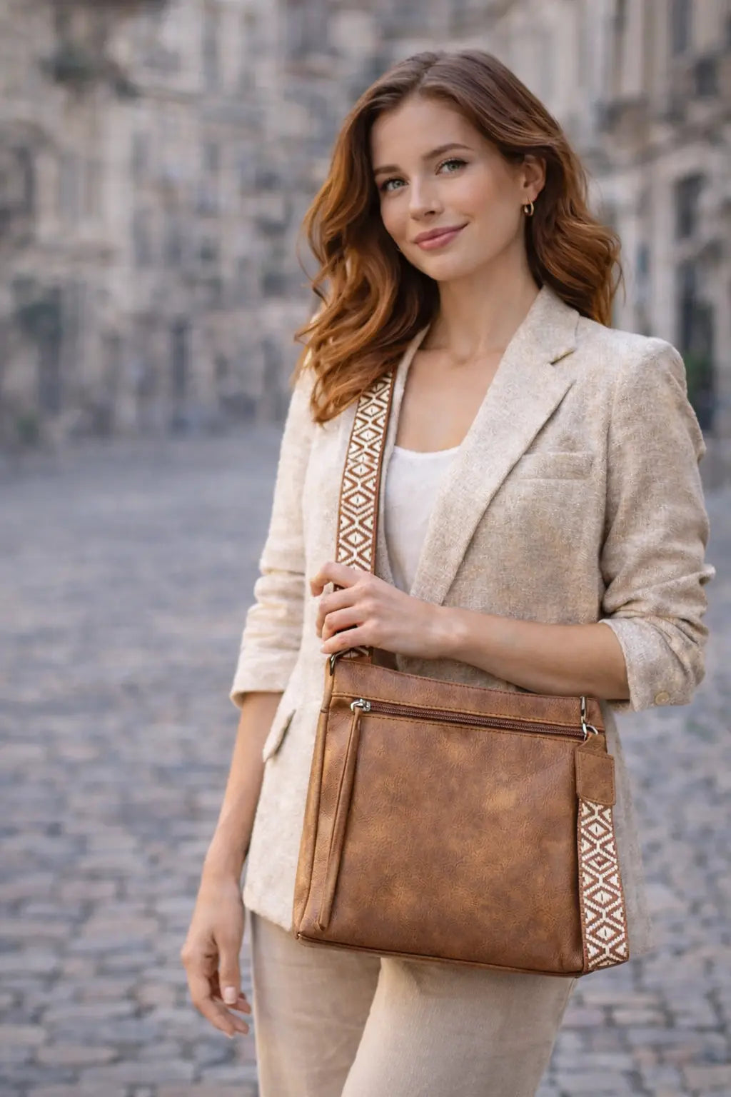 Adjustable strap crossbody bag brown worn over shoulder city use