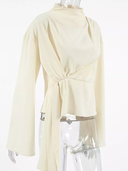 Zipper blouse for women mock neck long sleeve ruched top on model showing length and sleeve fit for size guide