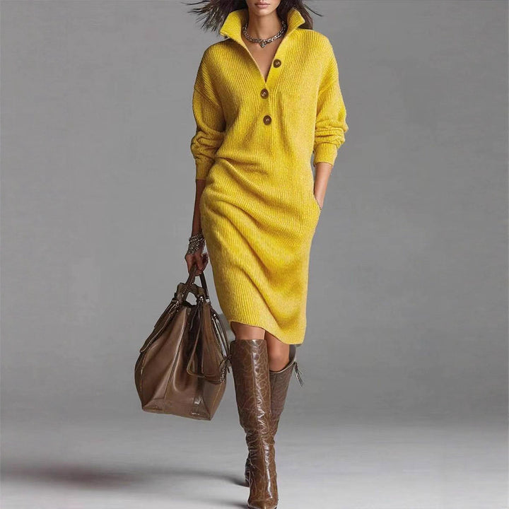 Yellow long sleeve sweater dress with stand-up collar and buttons, bright soft knit winter choice for stylish city women
