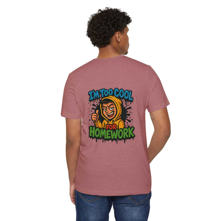 Eco-friendly pink tee with colorful homework graphic