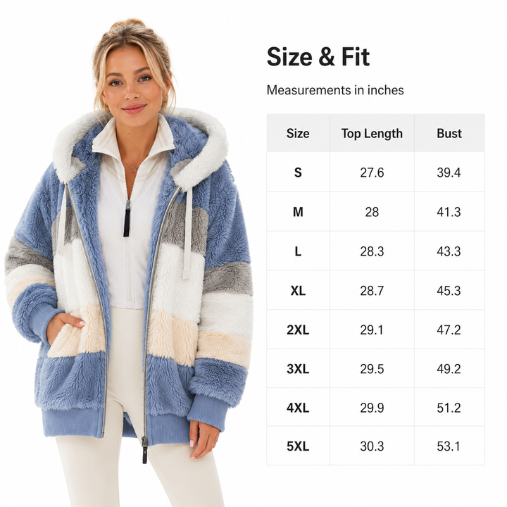 Fuzzy zip up hoodie for women with plus size fit, soft lined body, zipper front and practical pockets for daily wear.