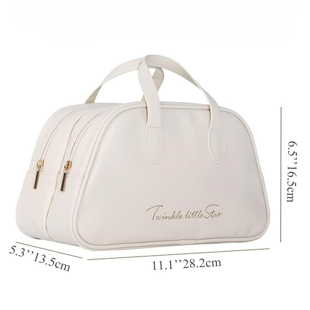Travel makeup bag detail showing portable cosmetic storage and zippered design, displayed clearly for color reference online.