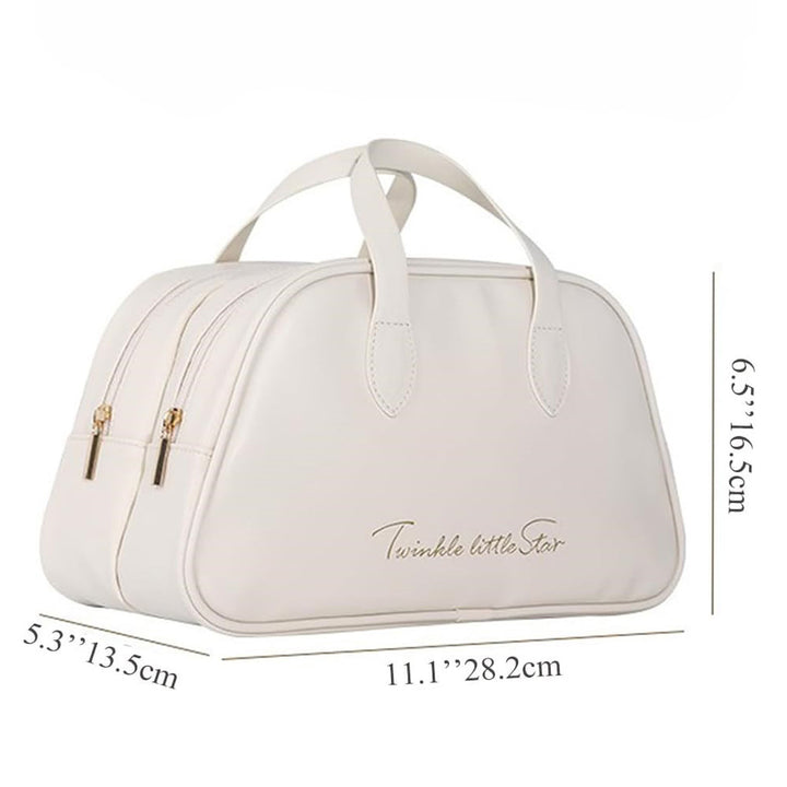 Travel makeup bag detail showing portable cosmetic storage and zippered design, displayed clearly for color reference online.