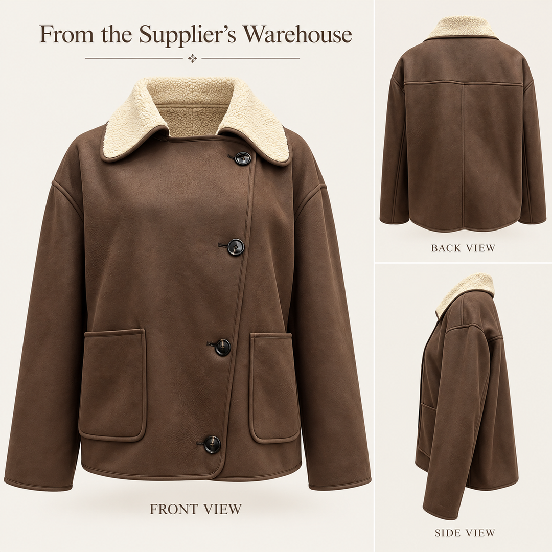 Sherpa-Lined Button Coat - Coffee Brown Pocketed Design