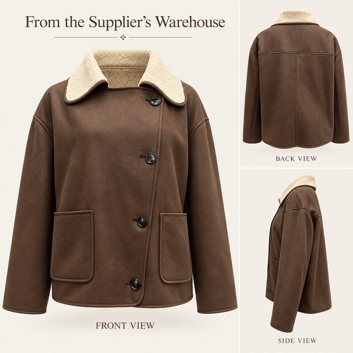 Sherpa-Lined Button Coat - Coffee Brown Pocketed Design
