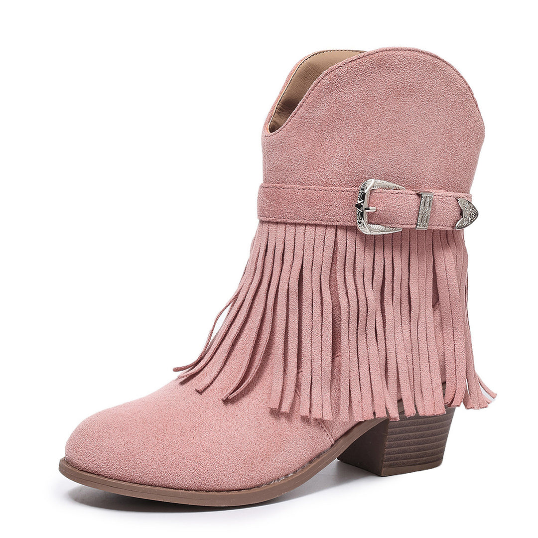 Ivory suede fringe ankle boots with round toe, low chunky heel and TPR sole, shown for product detail reference product view.