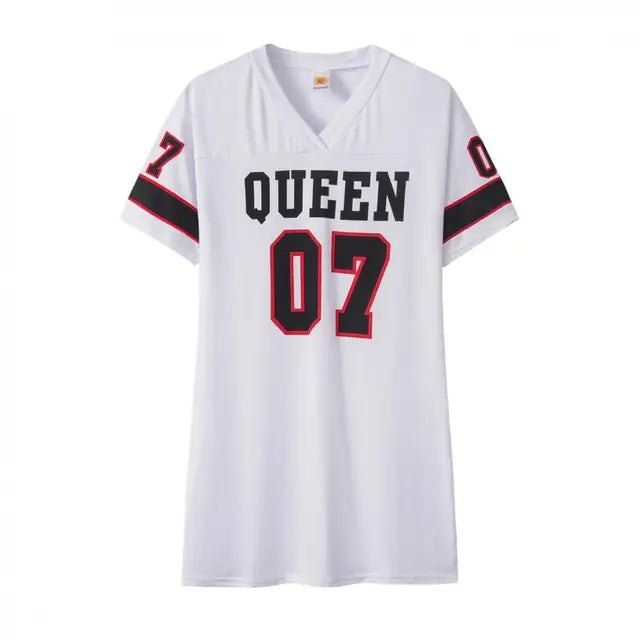 Product front view of the white QUEEN 07 dress with V-neck, striped sleeves and bold number print.