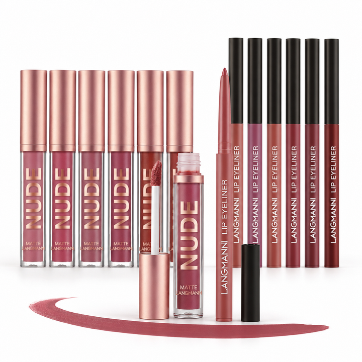 12-piece lipstick set with six matte liquid lip colors and six lip liner pens arranged together for coordinated makeup looks.
