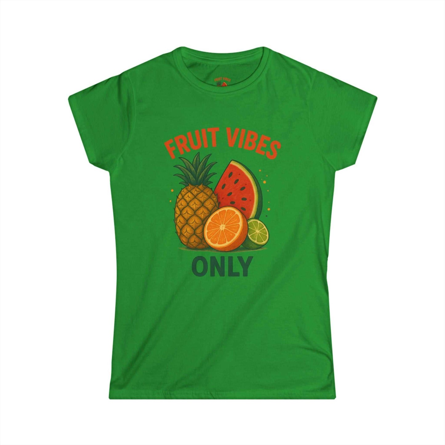 Green women's tee with tropical fruit graphic