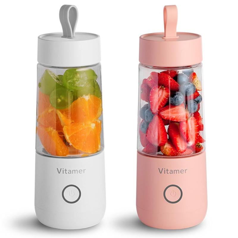 "portable blender 350ml protein shake bottle with measurement marks resting in car cup holder for commuter breakfast smoothie"