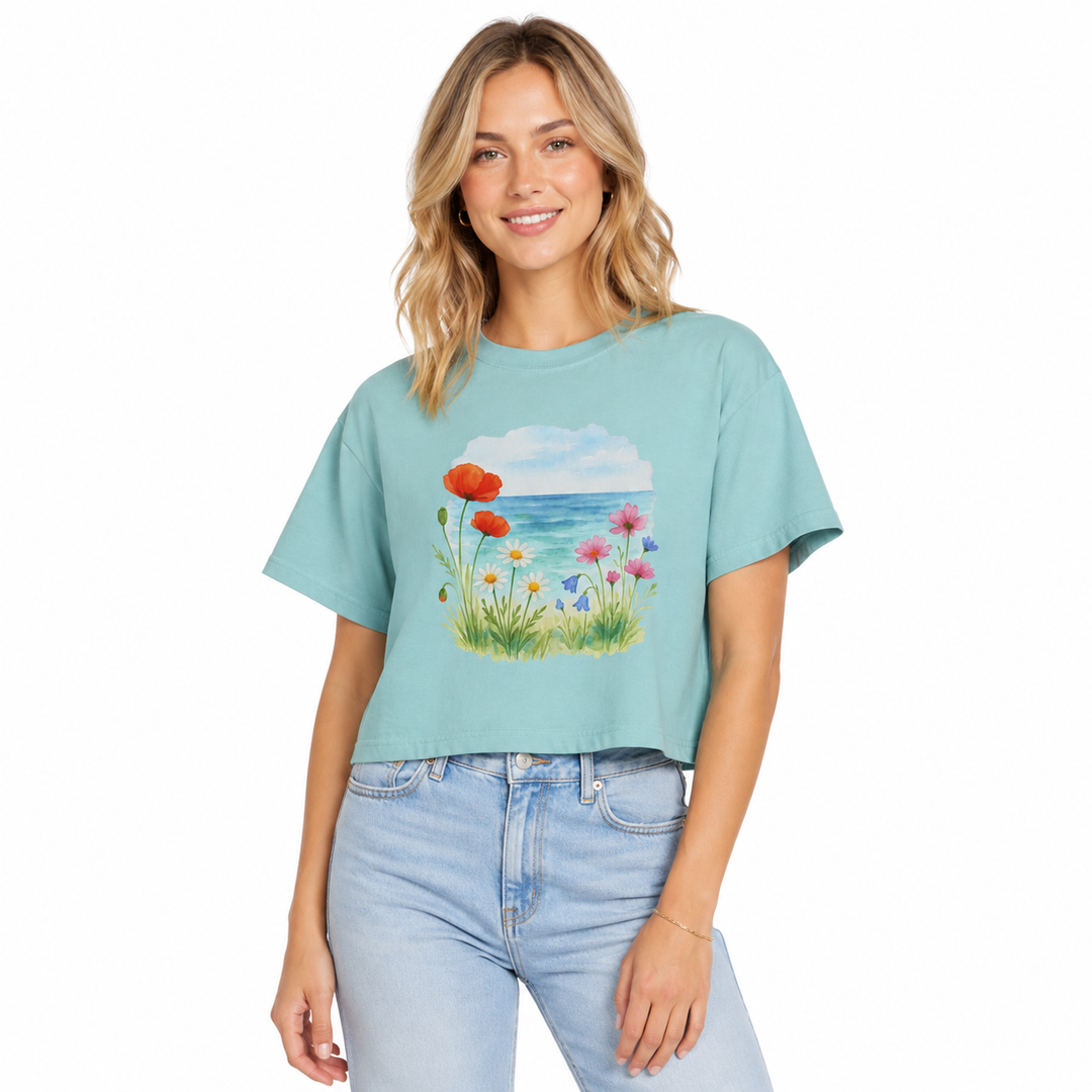 Close-up of soft cotton floral tee fabric with neat stitching and smooth finish