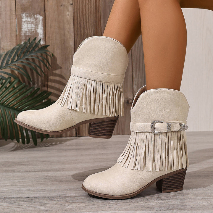 Black fringe western boots with suede upper, round toe and medium shaft, shown for product detail reference product shopping.