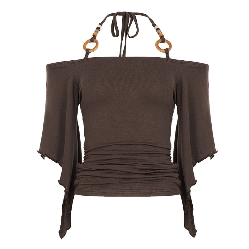 Brown off-shoulder top with wooden straps on a white background