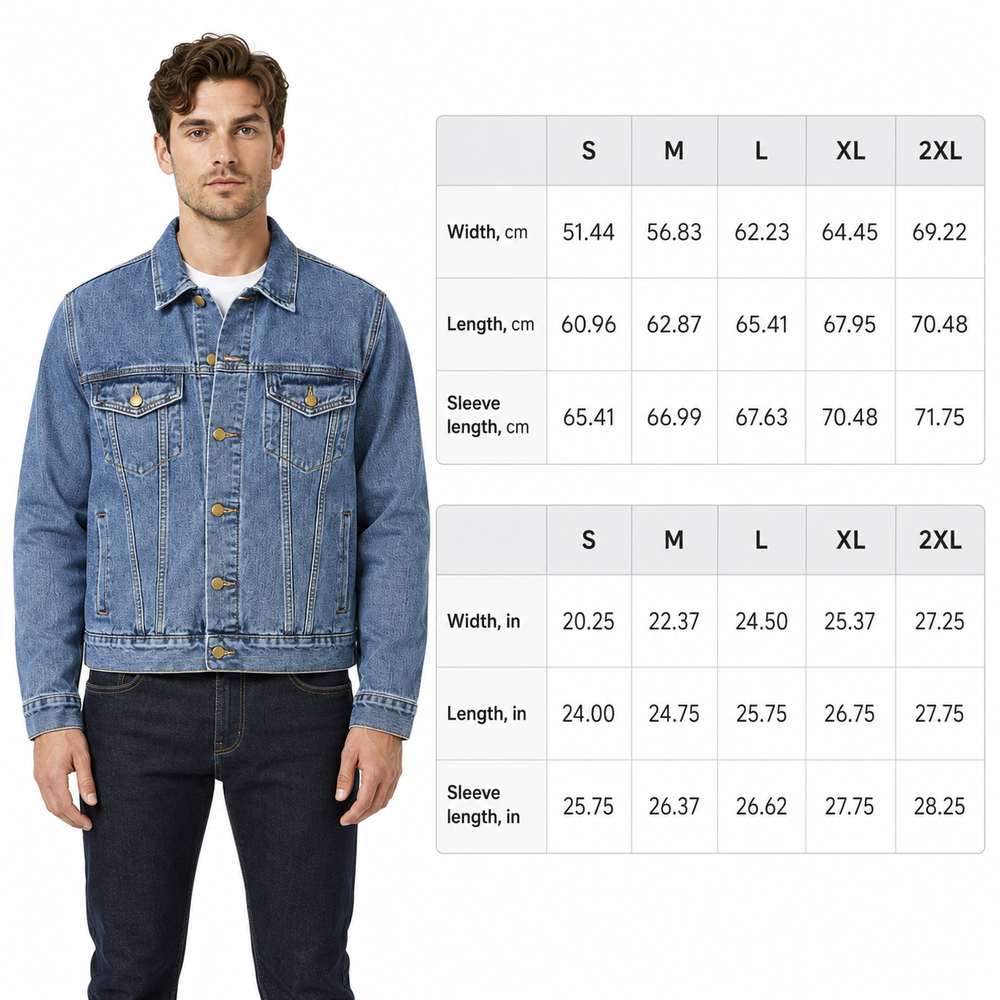 Man wearing a blue denim jacket with size chart on a white background