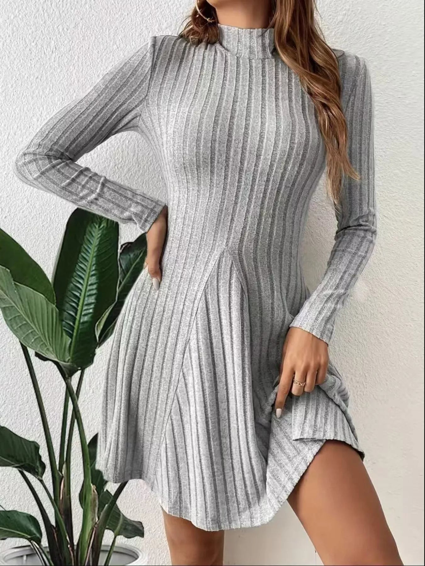 long sleeve ribbed mini dress mock neck modern silhouette for casual chic looks
