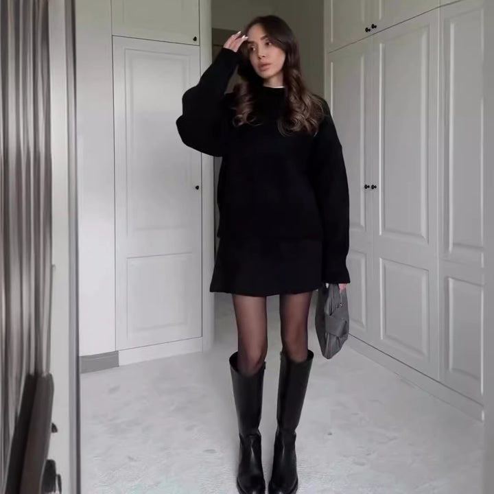 sweater skirt set women dark gray knit outfit everyday city styling