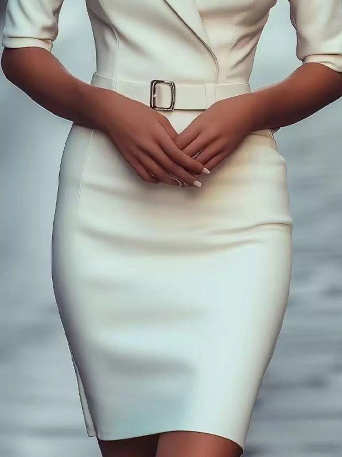Surplice half sleeve dress in white with belted waist, knee length coverage and soft movement, chic work dress option
