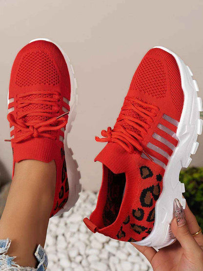 Leopard Cutout Mesh Lace-Up Sneakers - Stylish Flats