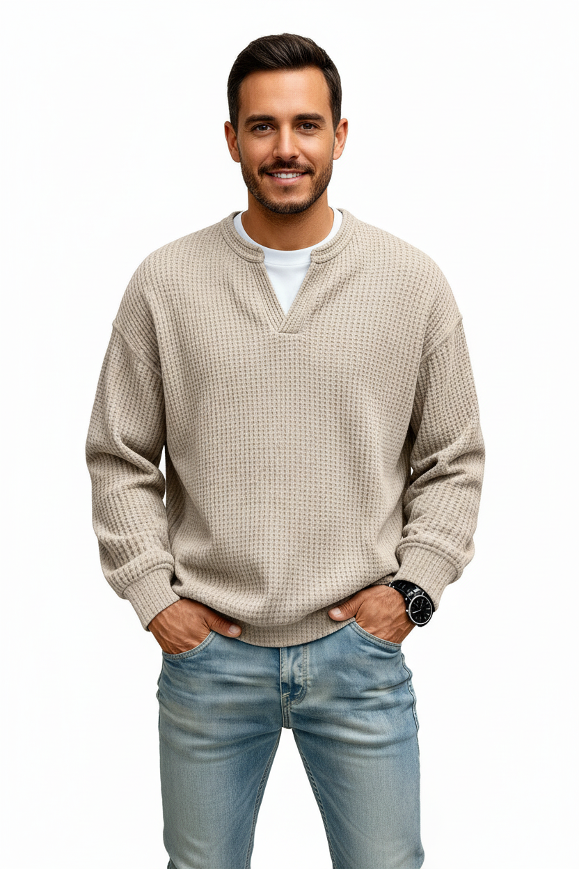 Men’s waffle knit long sleeve shown in a relaxed everyday fit with textured detail