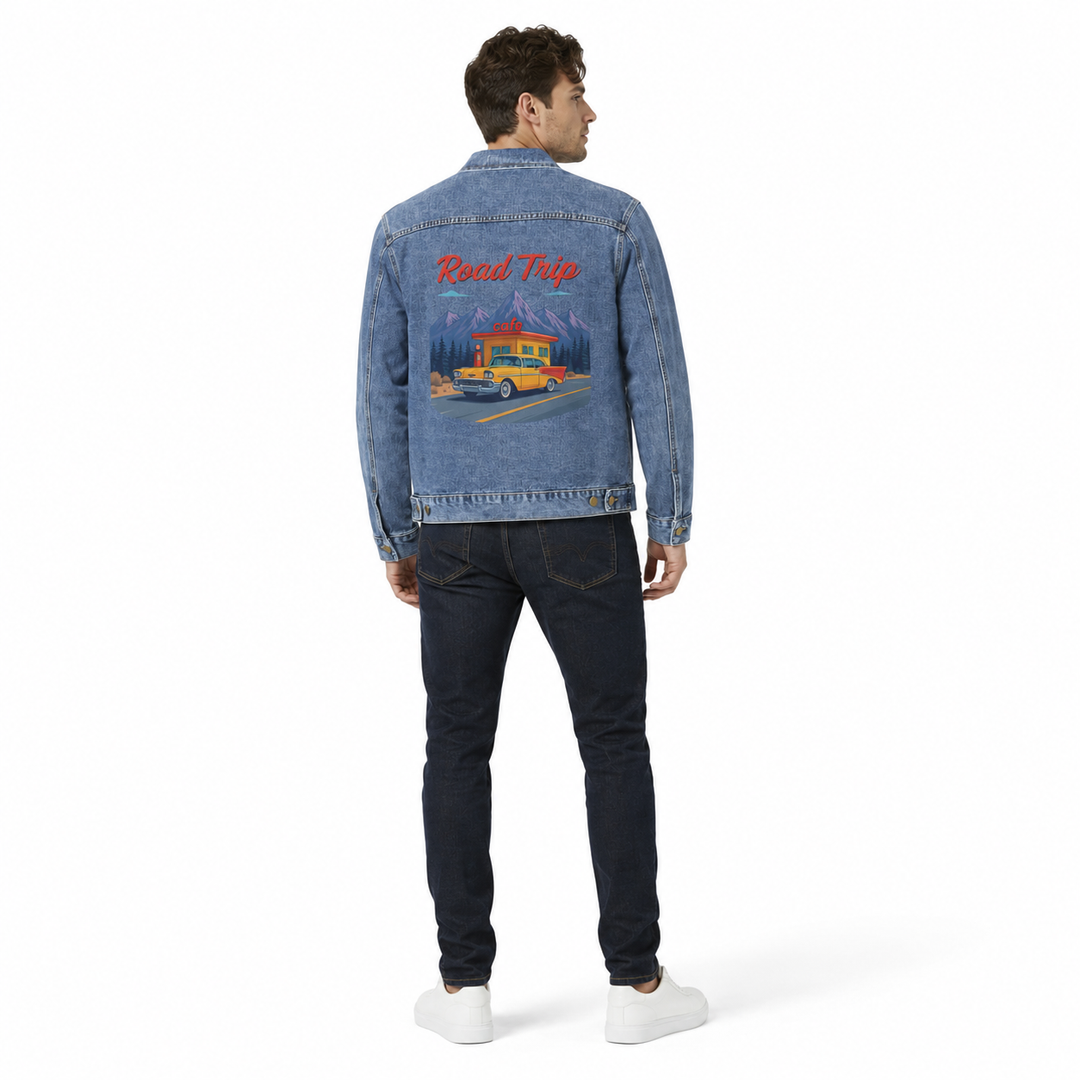 Mens denim jacket with vintage road trip graphic, classic blue wash, and casual streetwear fit