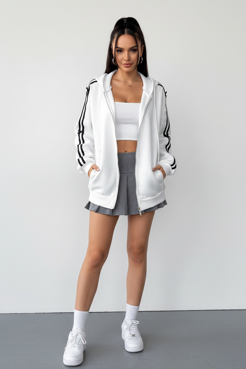 striped sleeve hoodie women zip up detail casual outfit