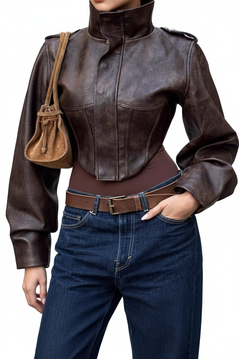 retro women leather jacket casual jeans outfit street fashion
