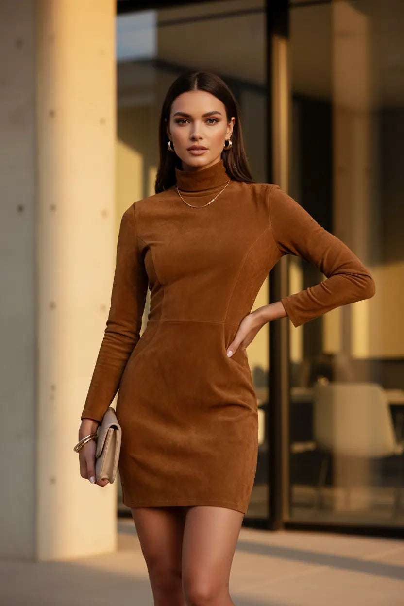 suede turtleneck bodycon dress yellow mini length velvet texture modern city look