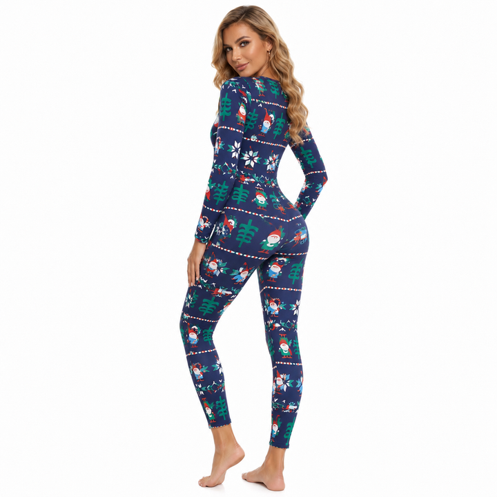Blue holiday jumpsuit for women with gnome, tree and snowflake print, styled on model for clean eCommerce product image