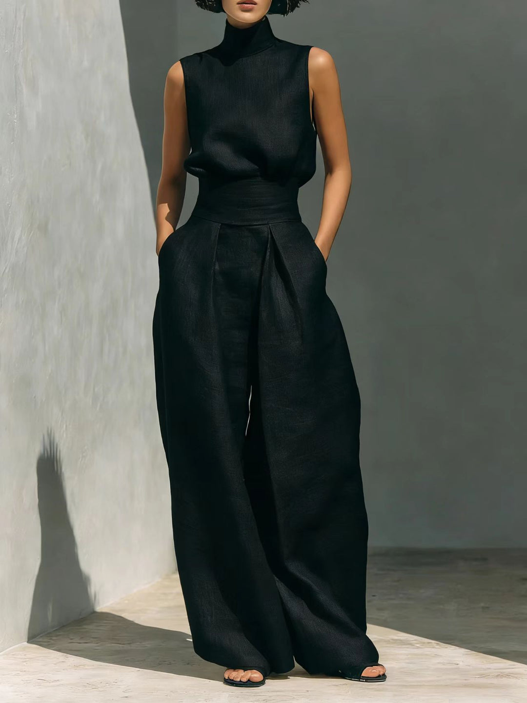 Full outfit view of sleeveless co-ord set in multiple color options displayed together
