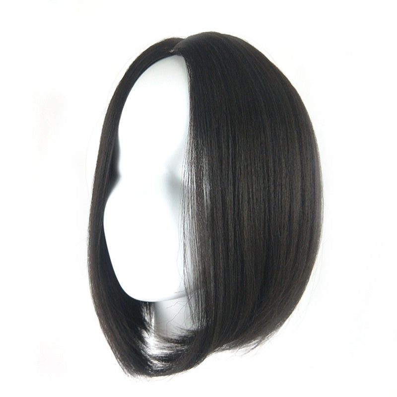 Side angle of black bob wig with natural shine and face-framing short silhouette