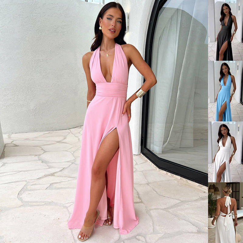 Halterneck Backless Slit Dress Elegant Summer Maxi Style
