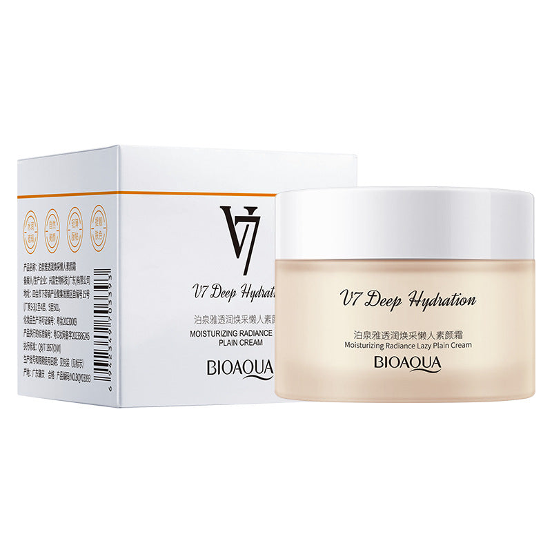 Front view of peach BIOAQUA V7 jar and matching carton, with printed product label and silver lid against a white background.