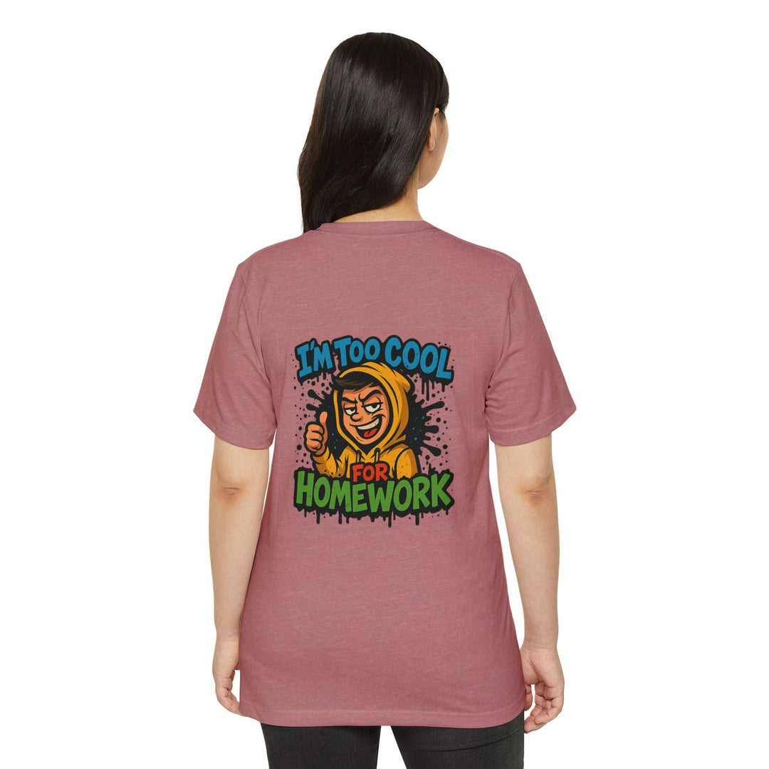 Back view of eco-friendly tee with cool homework graphic