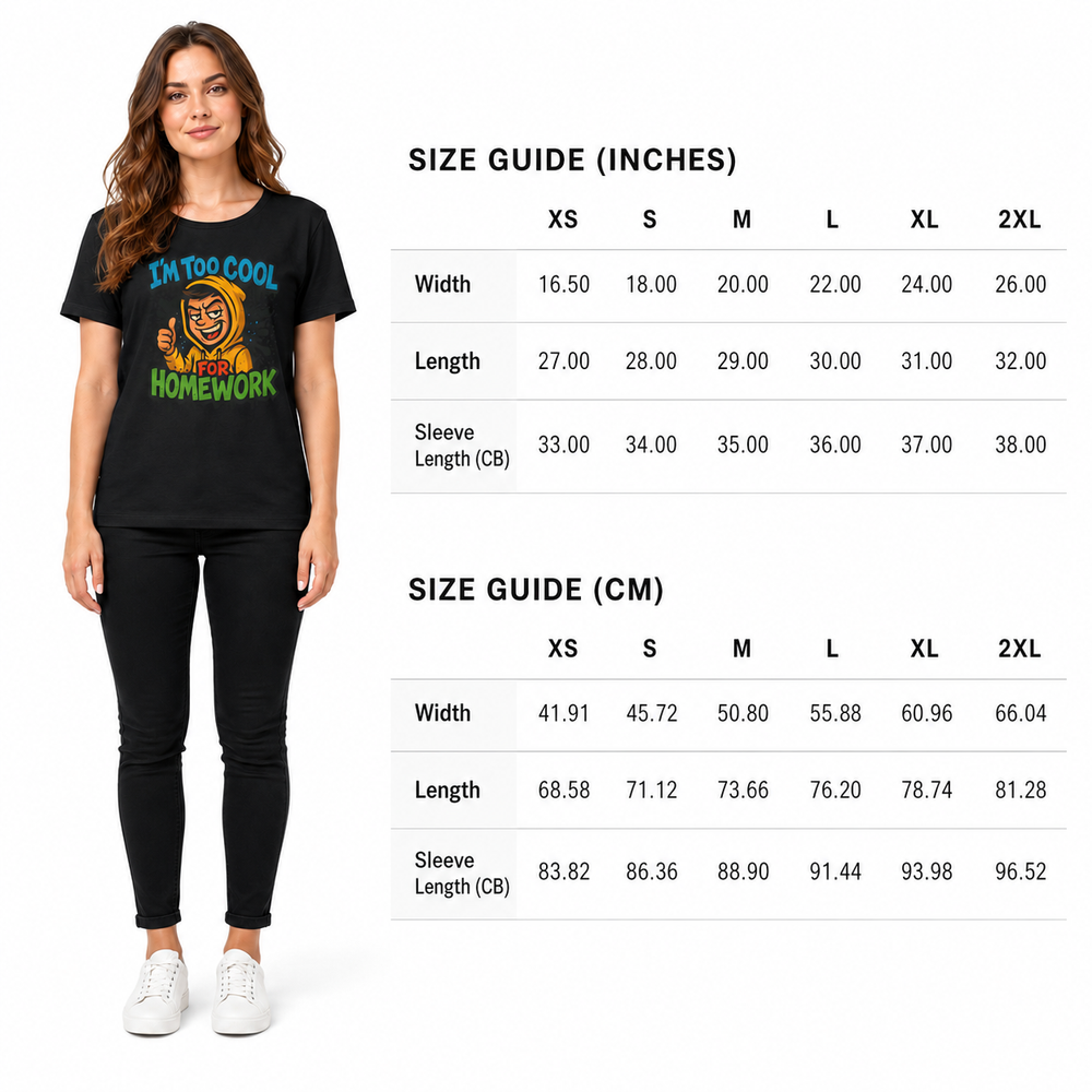 Person wearing a black t-shirt with a graphic design and text, standing next to a size guide chart.
