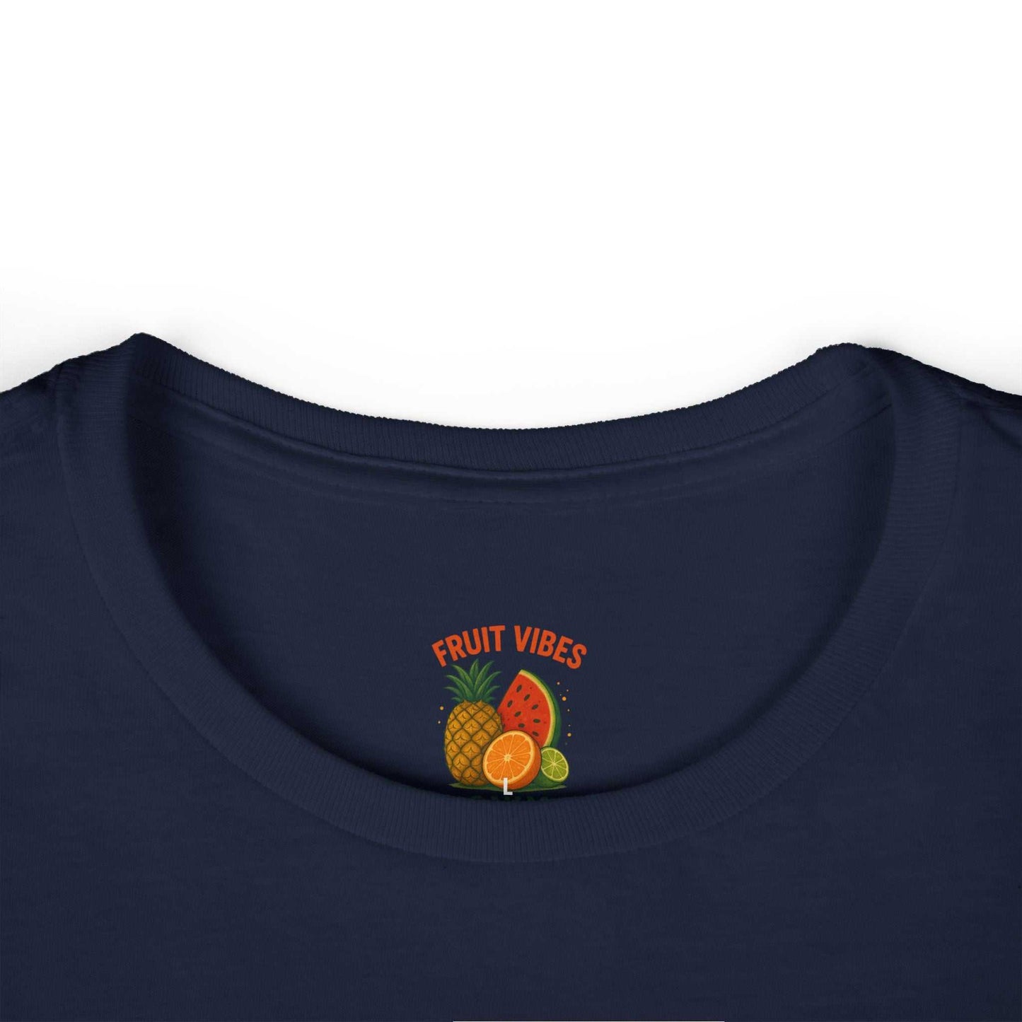 Close-up of navy Fruit Vibes women's tee collar