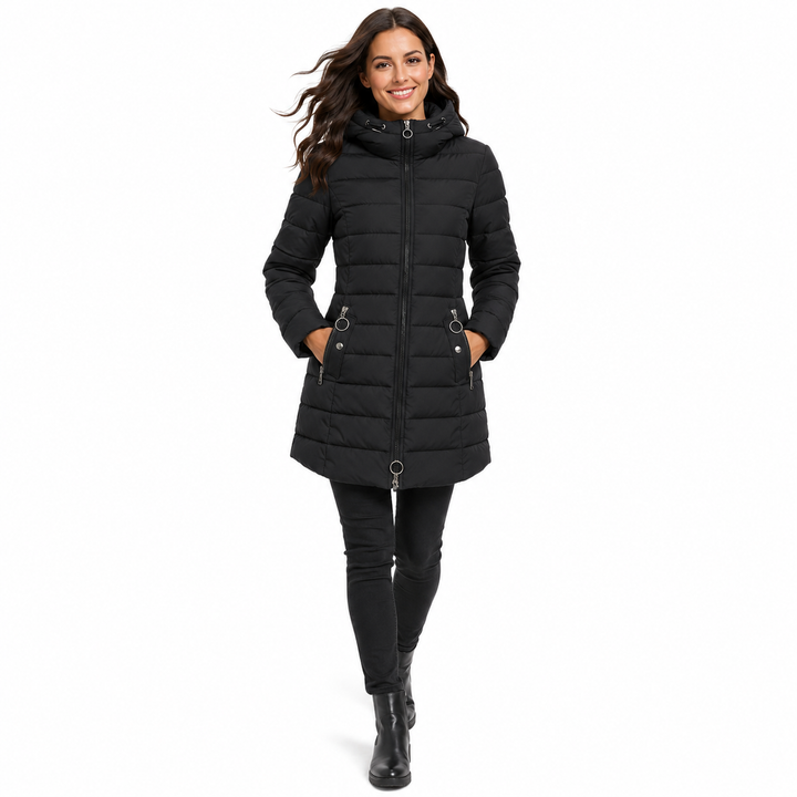 Polyester puffer coat for women with wind resistant shell, smooth surface and soft interior for cold weather layering all day