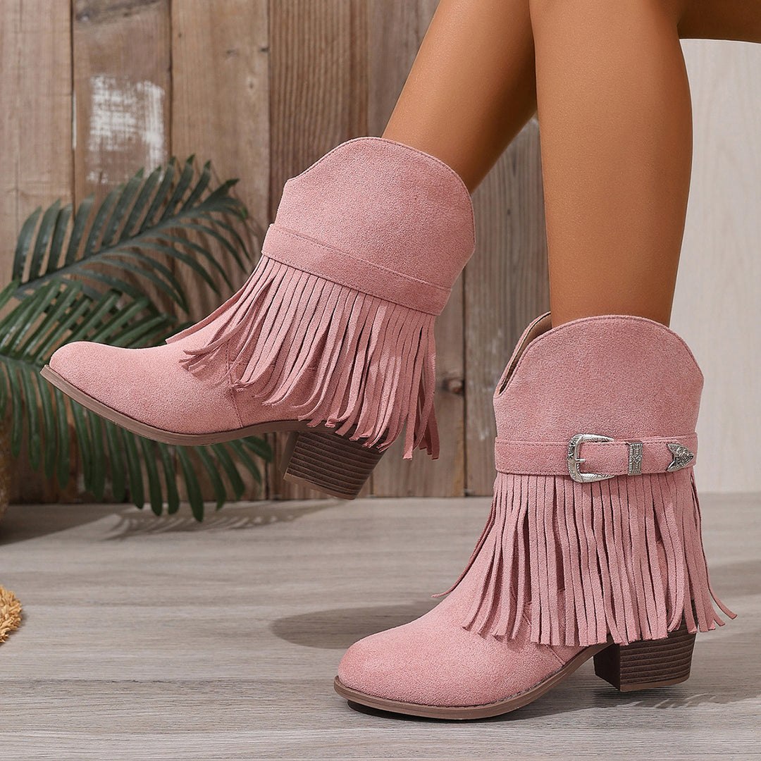 Short western boots women in Light Brown suede with fringe, round toe and low heel, shown for product detail reference image.