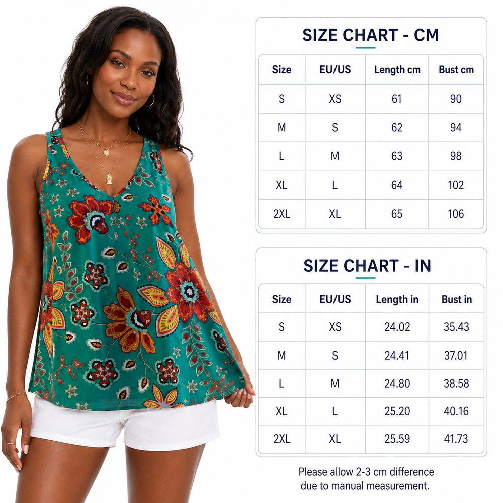 Green women's printed top in chiffon with a relaxed fit, V neckline, sleeveless straps, and its simple pullover construction.
