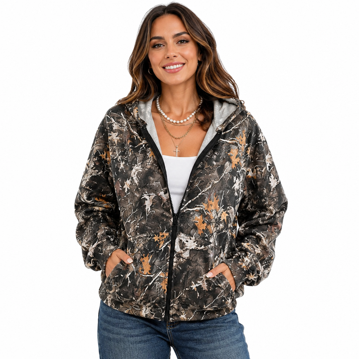 Vintage zip-up hoodie styled with casual women jeans for retro streetwear outfits and easy everyday layering inspiration.
