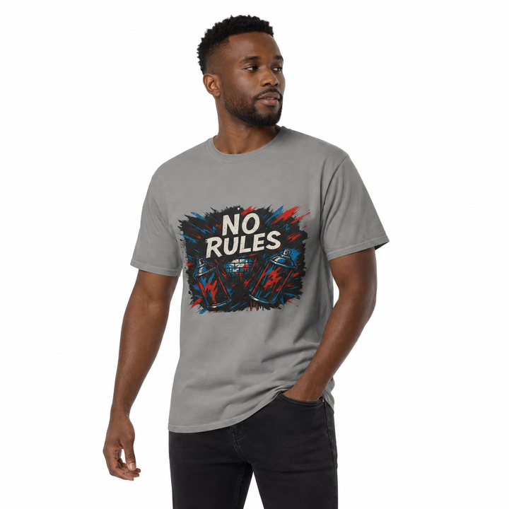 Garment-dyed graphic T-shirt layered for a dimensional streetwear style with a bold statement design and easy unisex styling.

