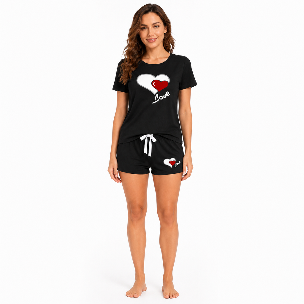 Pajama Set for Women Shorts Cute Heart Printed Homewear